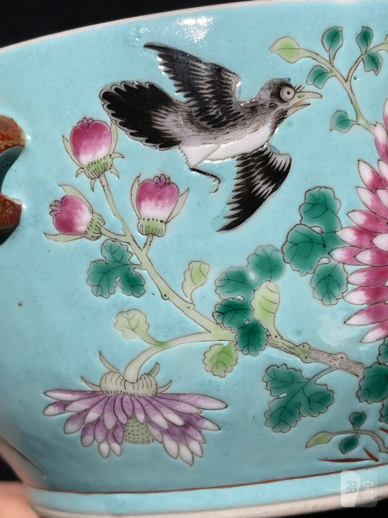 清光绪 松石绿地粉彩花鸟纹温锅 - 图11